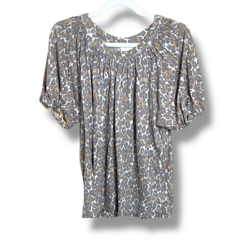 Maeve Linen Puff Sleeve Leopard Print Blouse Size Medium